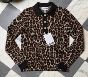 GANNI Leopard Print Knit Polo Sweater Women’s Small Long Sleeve Brown Black